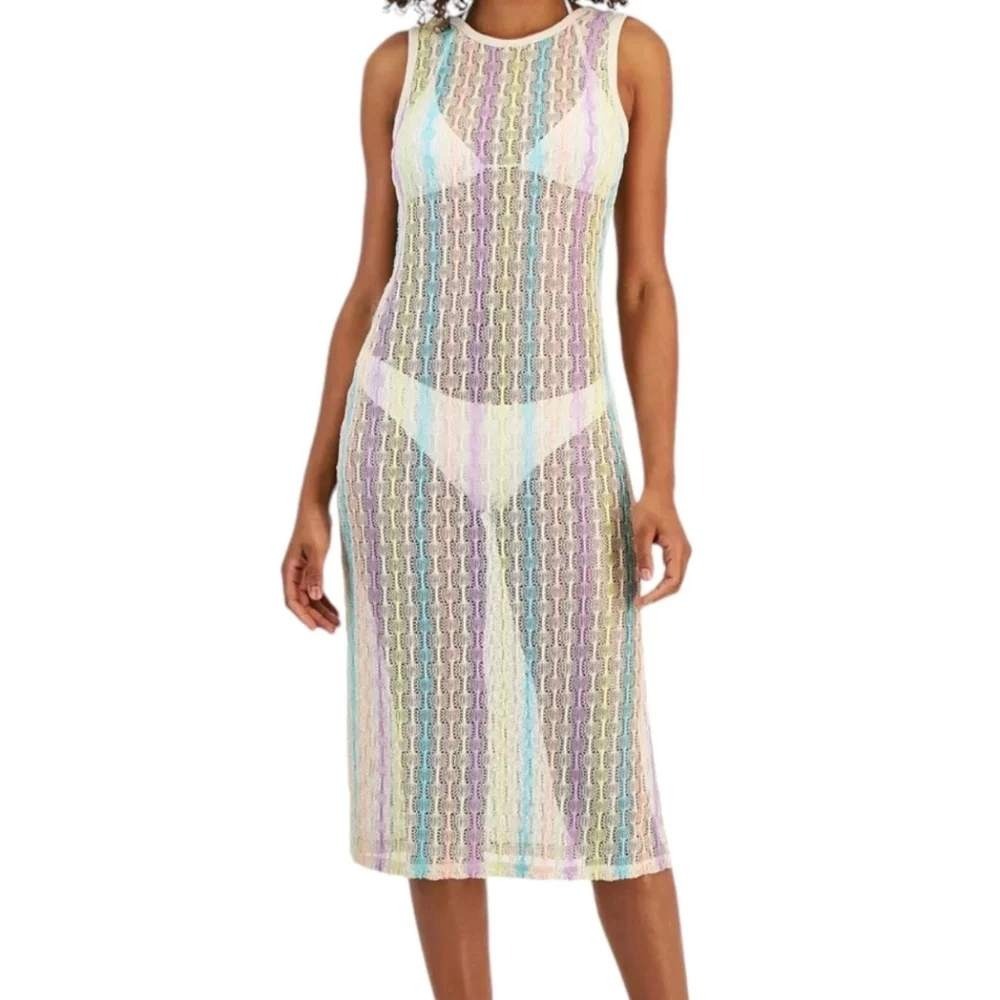 Miken Women Crochet Pastel Rainbow Stripe Mesh Midi Dress S Swim Coverup Crochet